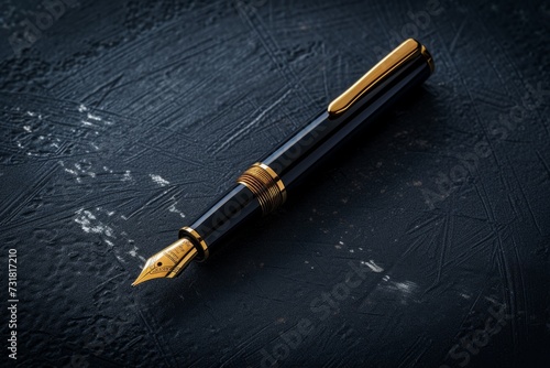 Exquisite Fountain Pen In Gold And Black, Set Against Dark Backdrop. Сoncept Elegant Fountain Pen, Luxurious Gold And Black, Dark Backdrop