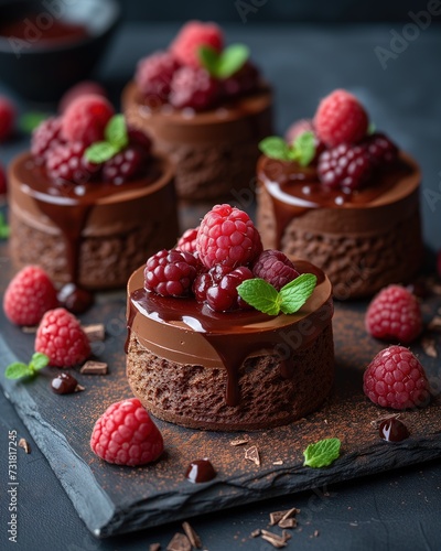 luxurious chocolate mousse dessert is elegantly presented with fresh raspberries and chocolate pieces