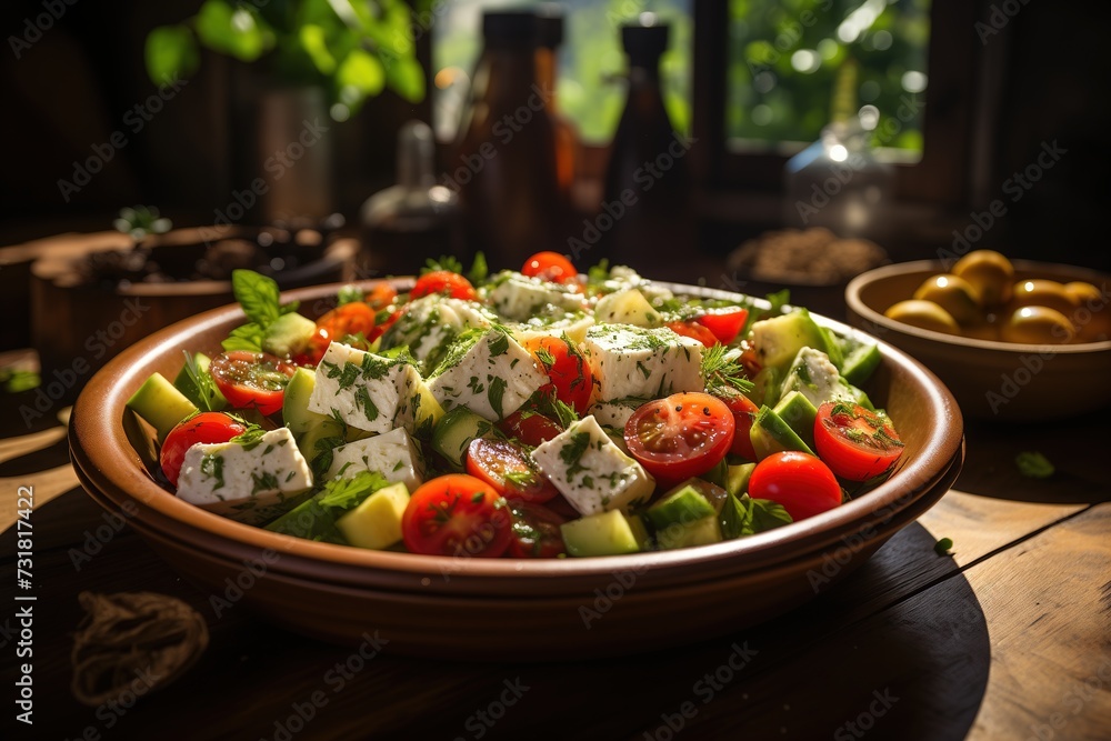 Fresh Avocado Salad With Cherry Tomatoes and Feta Cheese on a Rustic Table
