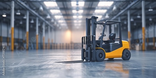 Forklift Truck In Warehouse With Industrial Backdrop And Space For Text. Сoncept Forklift Truck, Warehouse, Industrial Backdrop, Space For Text