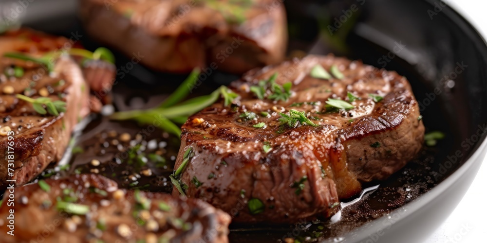 Juicy Seared Steaks Sizzle In Frying Pan, White Background. Сoncept Food Photography, Steak, Sizzling, Frying Pan, White Background Juicy Seared Steaks Sizzle In Frying Pan, White Background. Сoncept Food Photography, Steak, Sizzling, Frying Pan, White Background