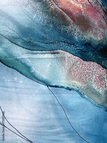 Abstract fluid art in green and turquoise tones. Hand-made with alcohol ink. Features organic flowing shapes. No real property or natural materials depicted.