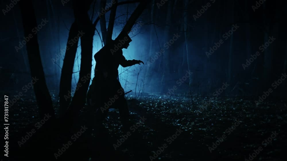 A dark figure in a cloak with a hood in a sinister night forest. Fantasy demon or witcher in the night.