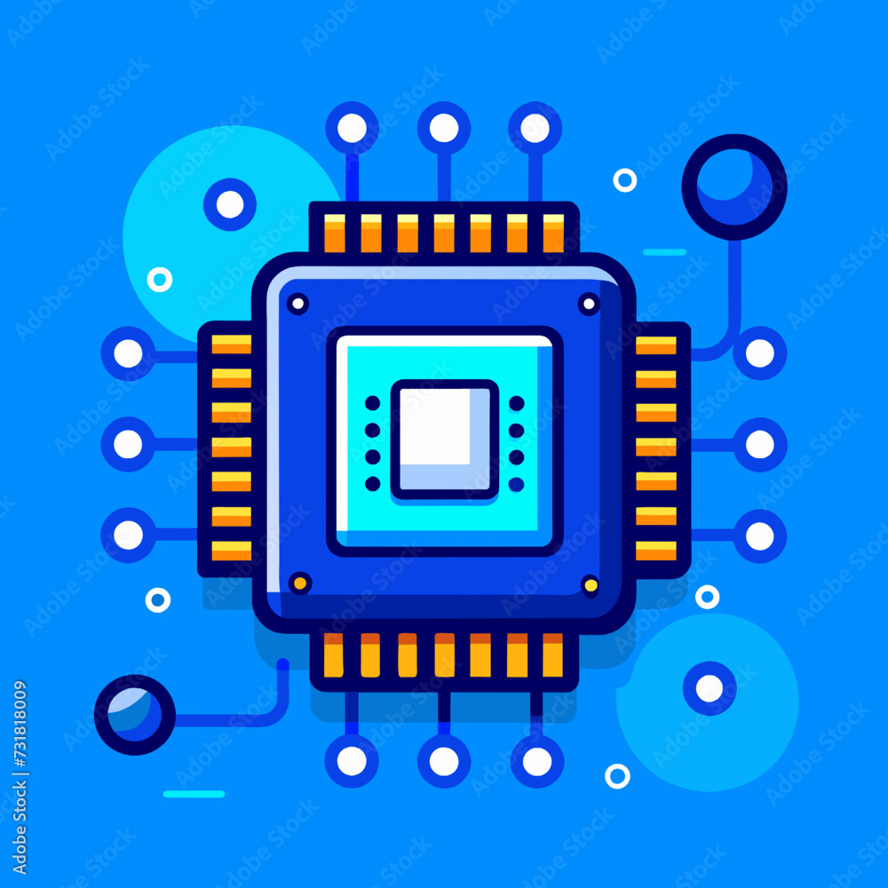 Circuit board vector illustration in flat design style. Microchip icon isolated on blue background.