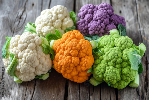Colorful Cauliflower Selection on Wooden Surface, A display of colorful cauliflower varieties including white, orange, and purple heads on a rustic wooden surface.