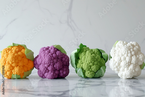 Colorful Cauliflower Varieties on Marble Background, An array of vibrant orange, purple, green, and white cauliflower heads against a clean marble background.