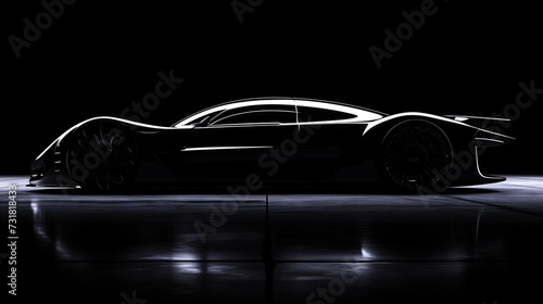 silhouette of an electric hypercar in matte black, with light coming from behind. The car is centered and appears to sit on a reflective surface that reflects its shape © Ирина Малышкина