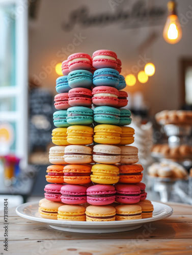 Colorful Macaron Tower on a Bright Day, A tower of brightly colored macarons stacked on a white plate, presented in a daylight-filled cafe atmosphere.