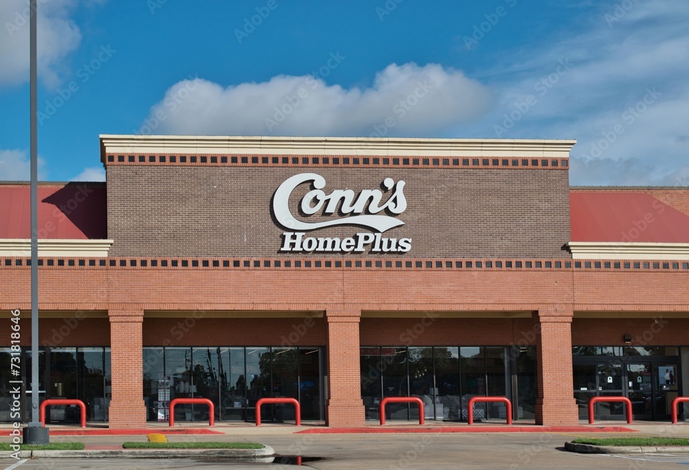 Conn's Home Plus building storefront exterior in Houston, TX USA on 09