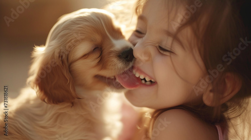 An adorable close-up of a child giggling while a tiny puppy licks their face, showcasing the sweetness of the bond