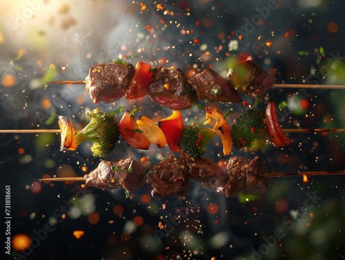 Sizzling beef kebabs skewered with pieces of bell peppers cook over an open fire, emanating smoke and showcasing a rustic cooking method.