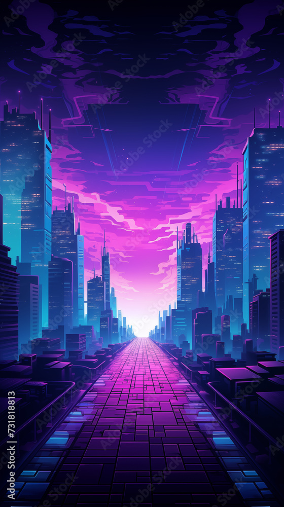 Neon Cityscape with Glowing Purple Sky Neon Cityscape with Glowing Purple Sky