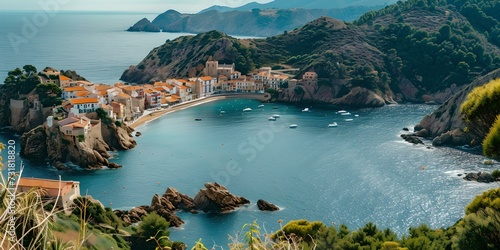 Canvas Print Serene coastal town nestled among lush hills overlooking the tranquil sea