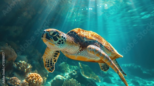Tranquil turtle swimming in the soft green sea © fajar