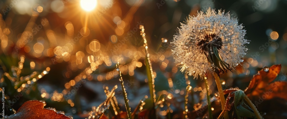 Close-up of a dew-covered dandelion against a golden sunset Close-up of a dew-covered dandelion against a golden sunset