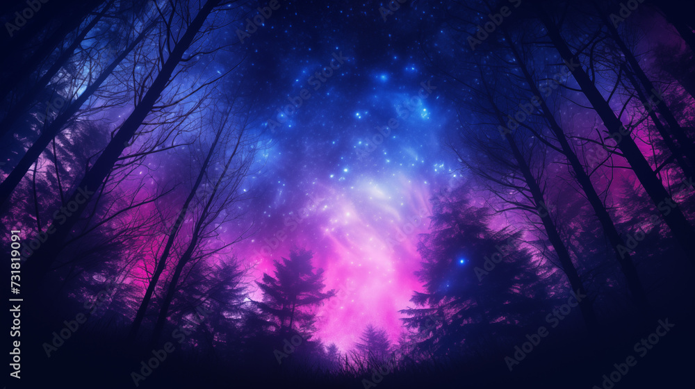 Enchanted Forest with Nebula Sky