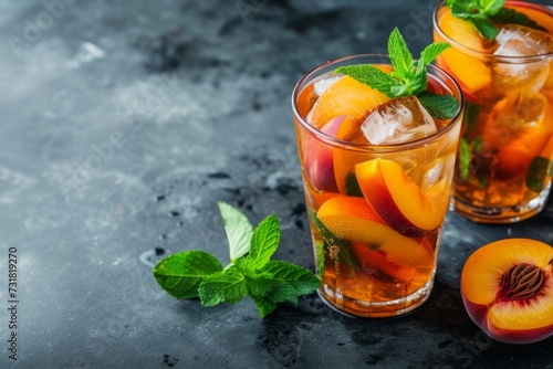Refreshing Iced Tea Filled With Juicy Peaches And Mint On Dark Background. Сoncept Summer Drinks, Peach Iced Tea, Mint Refreshments, Dark Background Photography, Juicy Peach Beverage