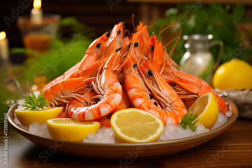 Chilled shrimp on ice in a plate. Shrimp surrounded by lemon slices and herbs.