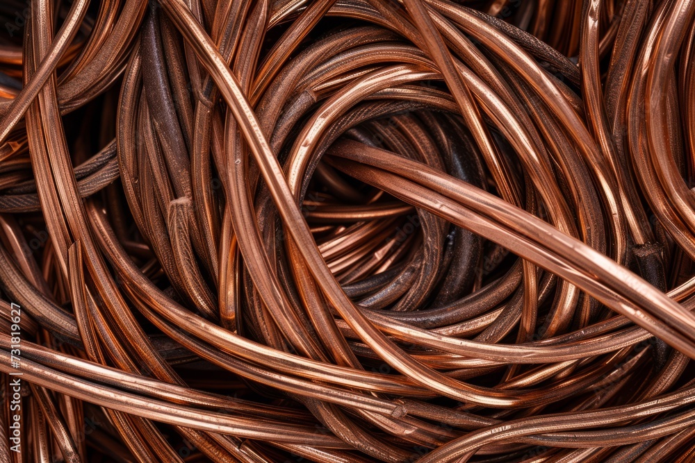 Scattered Copper Cables Coil Together, Forming Backdrop Of Milbers Copper Scrap. Сoncept Abstract Art, Industrial Materials, Recycling, Textured Backgrounds Scattered Copper Cables Coil Together, Forming Backdrop Of Milbers Copper Scrap. Сoncept Abstract Art, Industrial Materials, Recycling, Textured Backgrounds
