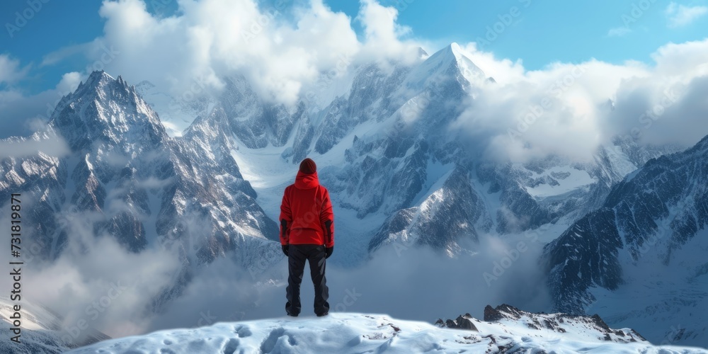 Stunning Winter Landscape Man In Vibrant Red Jacket Admires Snowy Mountains. Сoncept Winter Wonderland, Vibrant Winter Fashion, Snowy Mountain Views, Outdoor Adventure, Serene Winter Landscape Stunning Winter Landscape Man In Vibrant Red Jacket Admires Snowy Mountains. Сoncept Winter Wonderland, Vibrant Winter Fashion, Snowy Mountain Views, Outdoor Adventure, Serene Winter Landscape