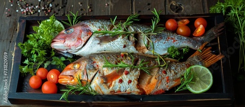 Freshly prepared Seer Fish and King Fish, adorned with herbs and vegetables, displayed on a sleek black wooden platter with a focused aesthetic. photo