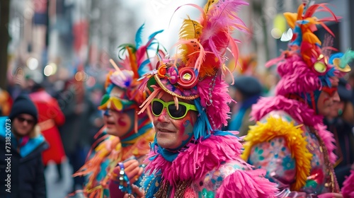 Vibrant carnival reveler in feathered costume celebrates on the street. colorful festival atmosphere captured. joyful event scene. perfect for seasonal themes. AI