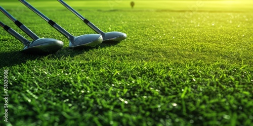 The Perfect Swing Golf Clubs Poised On Lush Green Grass, Awaiting Victory. Сoncept Golf Course Serenity, Championship Moments, Winning Strokes, Green Glory, Golf Club Euphoria