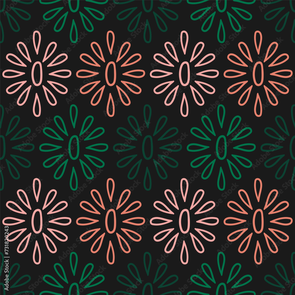 Black seamless pattern with colorful outline flowers Black seamless pattern with colorful outline flowers