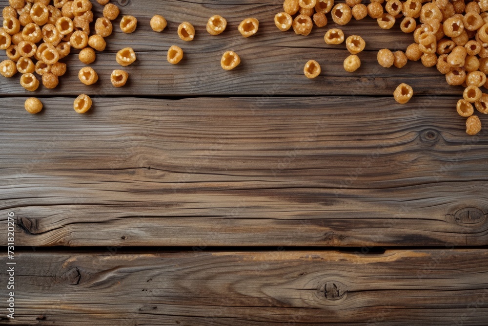 Topdown View Of Textured Wooden Background With Ample Space For Text, Showcasing Cereal On Table. Сoncept Minimalist Workspace, Artistic Coffee Mugs, Cozy Home Office, Product Styling Topdown View Of Textured Wooden Background With Ample Space For Text, Showcasing Cereal On Table. Сoncept Minimalist Workspace, Artistic Coffee Mugs, Cozy Home Office, Product Styling