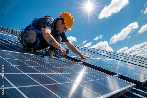 Professional technician installing solar panels on a roof on a bright and sunny day photo