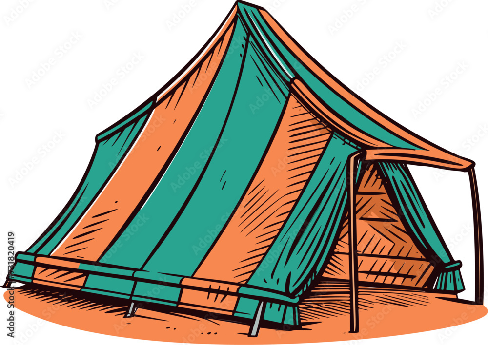 Vibrant orange and green beach tent isolated on a white background.