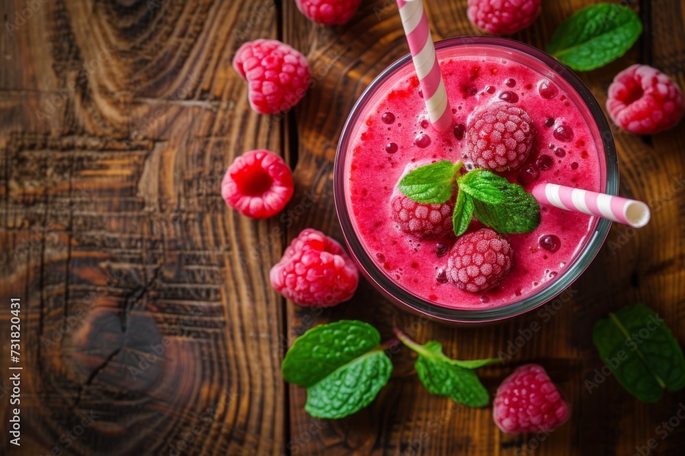Topdown View Of Raspberry Smoothie In Glass On Rustic Wooden Backdrop Plenty Of Room For Custom Text. Сoncept Food Photography, Raspberry Smoothie, Rustic Wooden Backdrop, Custom Text, Top-Down View Topdown View Of Raspberry Smoothie In Glass On Rustic Wooden Backdrop Plenty Of Room For Custom Text. Сoncept Food Photography, Raspberry Smoothie, Rustic Wooden Backdrop, Custom Text, Top-Down View