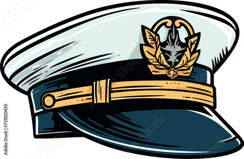 Sailor's cap featuring a gold leaf emblem on the front, set against a white background.