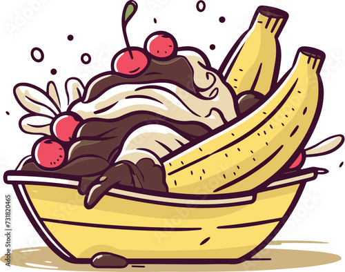 Delicious-looking banana split served on a banana boat.