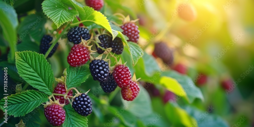 Vibrant Blackberries Surrounded By Lush Green Leaves Against Blurred Backdrop. Сoncept Macro Photography, Nature's Beauty, Summer Fruits, Depth Of Field, Botanical Close-Ups Vibrant Blackberries Surrounded By Lush Green Leaves Against Blurred Backdrop. Сoncept Macro Photography, Nature's Beauty, Summer Fruits, Depth Of Field, Botanical Close-Ups