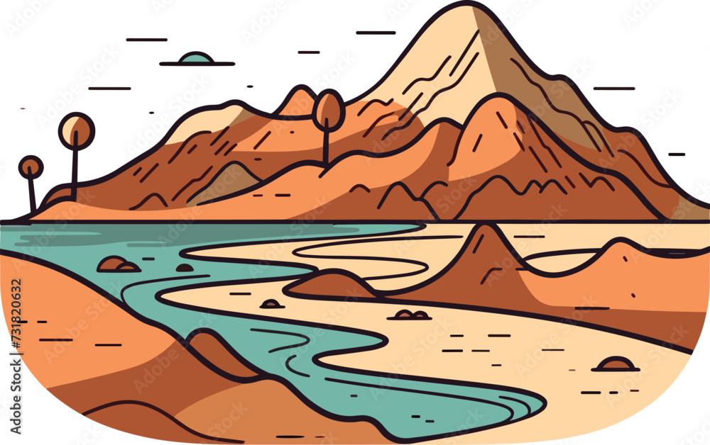 Vector illustration of a landscape of mountains and a river running through it