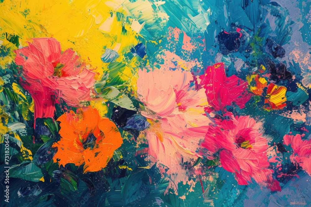 A vibrant and energetic painting capturing the essence of a blooming garden, using abstract forms and a riot of colors
