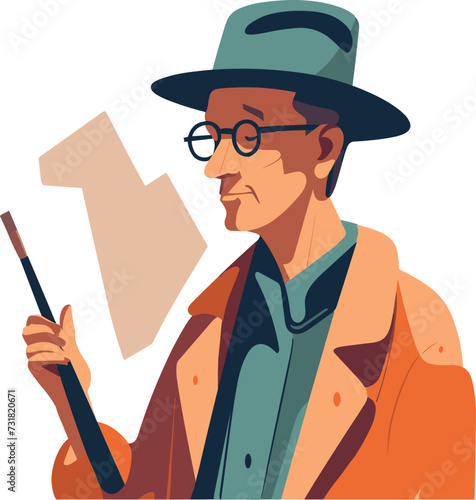 Vector illustration of a man wearing a hat standing in a studio setting
