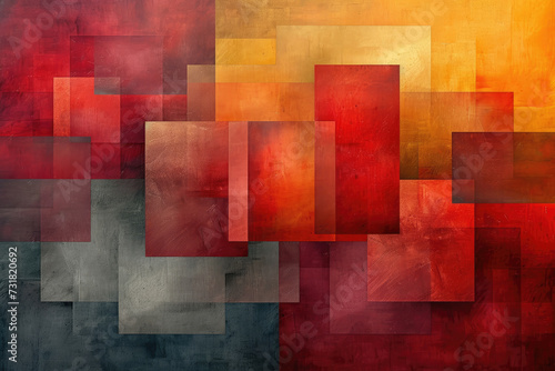 Abstract composition of layered rectangles and squares, using a gradient of warm to cool hues to depict depth and texture