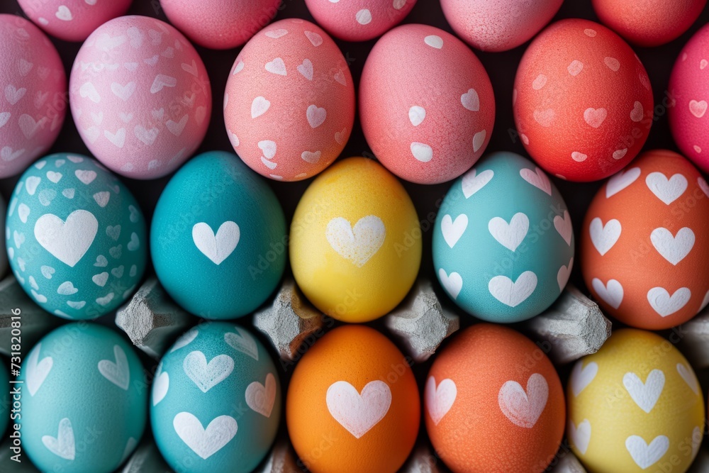Vibrant Easterthemed Background Showcasing Orderly Array Of Eggs With Heart Motifs. Сoncept Pastel Springtime Landscapes, Whimsical Flower Gardens, Festive Easter Egg Hunts, Charming Bunny Portraits Vibrant Easterthemed Background Showcasing Orderly Array Of Eggs With Heart Motifs. Сoncept Pastel Springtime Landscapes, Whimsical Flower Gardens, Festive Easter Egg Hunts, Charming Bunny Portraits