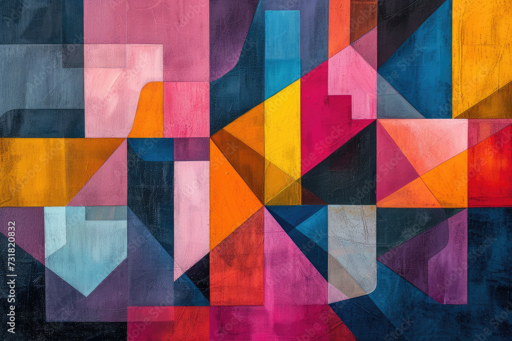 Abstract painting featuring a complex array of interlocking geometric shapes, with a bold and vibrant color palette Abstract painting featuring a complex array of interlocking geometric shapes, with a bold and vibrant color palette
