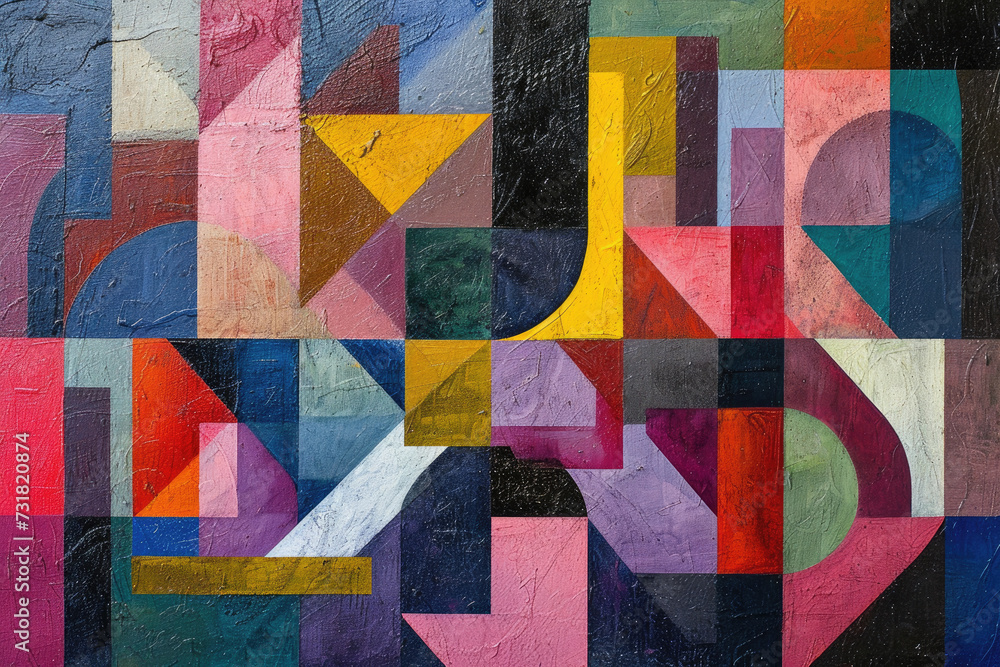 Abstract painting featuring a complex array of interlocking geometric shapes, with a bold and vibrant color palette