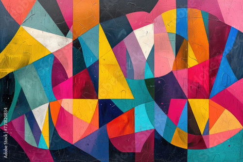 Abstract painting featuring a complex array of interlocking geometric shapes, with a bold and vibrant color palette