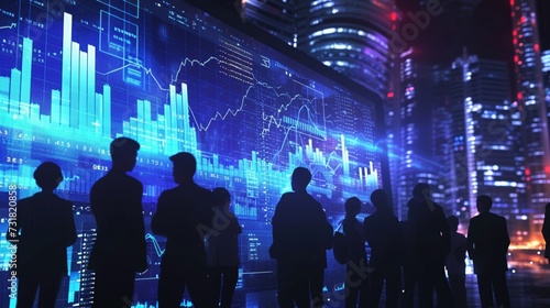 A group of businesspeople looking at a digital screen displaying market trends