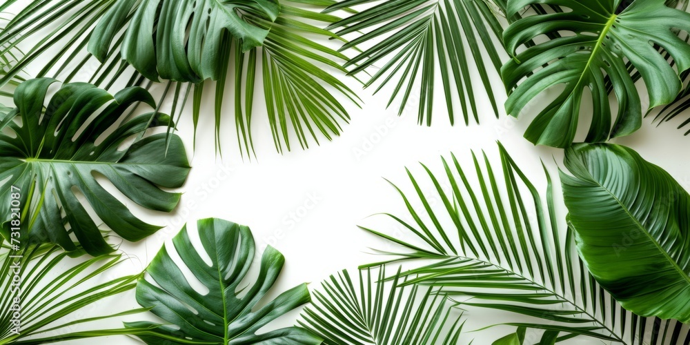 Vibrant Tropical Palm Leaves Set Against Pristine White Background, Perfect For Customization. Сoncept Abstract Watercolor Paintings, Cozy Autumnal Scenes, Adventure Travel Photography