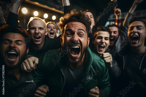 Football fans watching the game in the pub and cheering