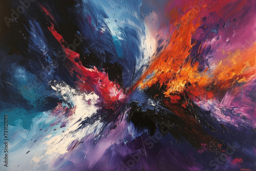 An abstract expressionist painting inspired by nature's fury, with intense colors and dramatic movements suggesting a wild storm