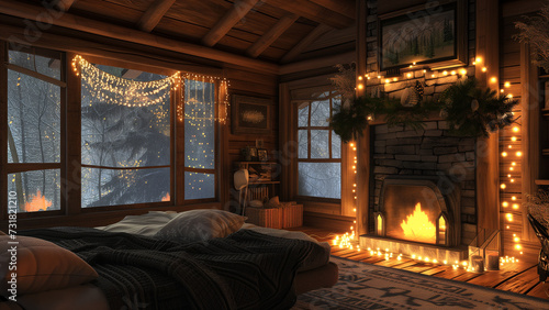 Rustic Retreat: Nighttime in a Modern Cabin Bedroom with Fireplace