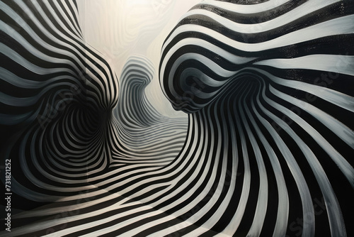 Geometric abstract painting with an optical illusion effect, using black and white lines to create depth and perspective