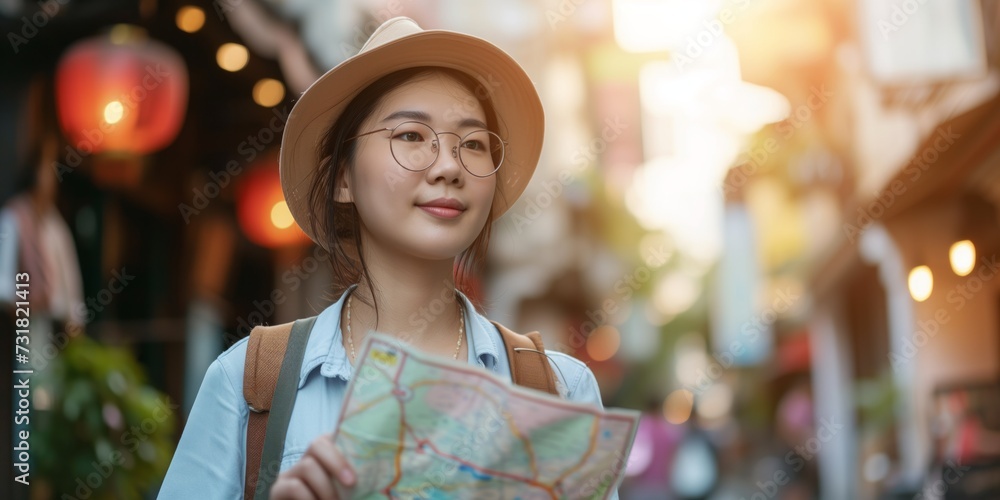 Young Asian Woman Traveler With Map, Exploring The City With Curious Eyes. Сoncept Adventure Seeker, Exploring A New City, Young Asian Woman, Traveling With Curiosity, Map Exploration Young Asian Woman Traveler With Map, Exploring The City With Curious Eyes. Сoncept Adventure Seeker, Exploring A New City, Young Asian Woman, Traveling With Curiosity, Map Exploration